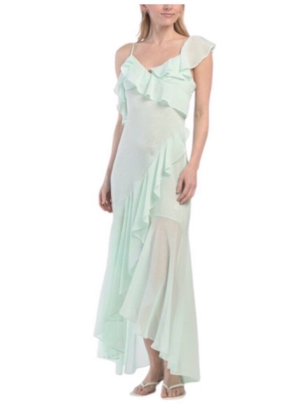 En Saison Mint Ruffle Midi Dress Sheer with Flounce Hem and Off Shoulder Sz L